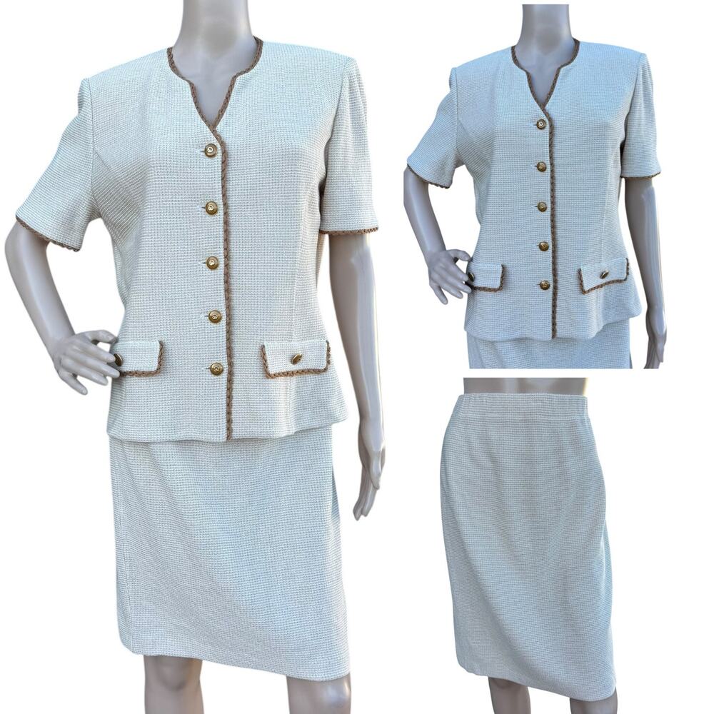 St. John 8 Skirt Suit Cream Tweed Knit Brown Trim Gold Button Top Pencil Skirt